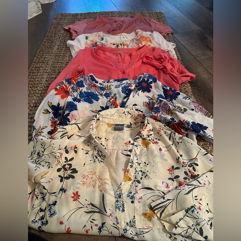 Floral and Solid Blouses in Pink, White, and Cream
